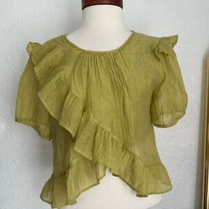 BDS Soft Olive Chiffon Blouse with layered Ruffle Detail Lightweight Flowy Top